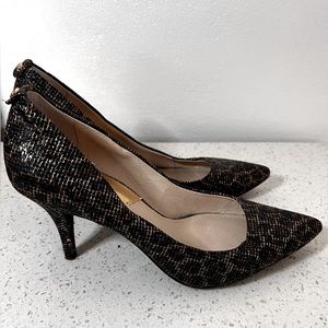 Leopard navy and gold MK heels
